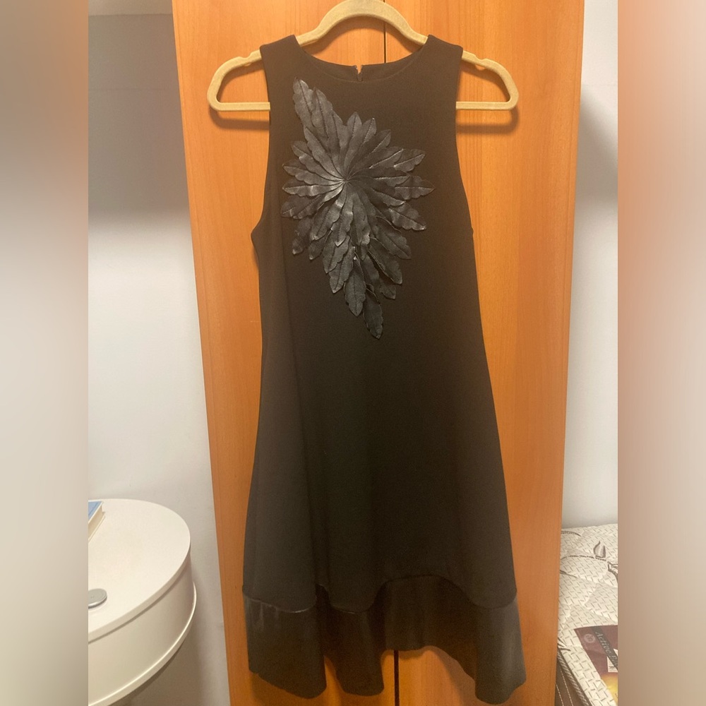 Gracia Black dress with Pleather Floral Appliqué Sz Small. Pleather bottom added